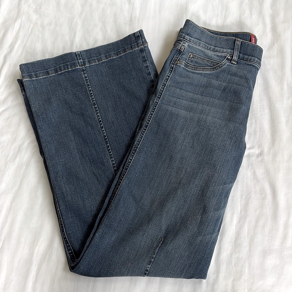 New Vintage Spanx Indigo Denim Blue Jeans Wide Leg Seamed Front Boho Women’s L - Picture 6 of 11